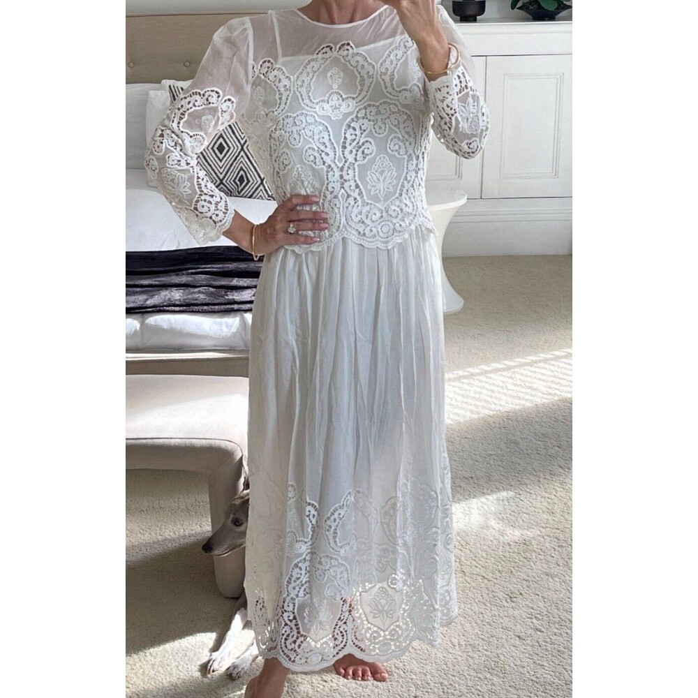 Cotton Silk Embroidered Lace Ivory Maxi Dress Sz 2